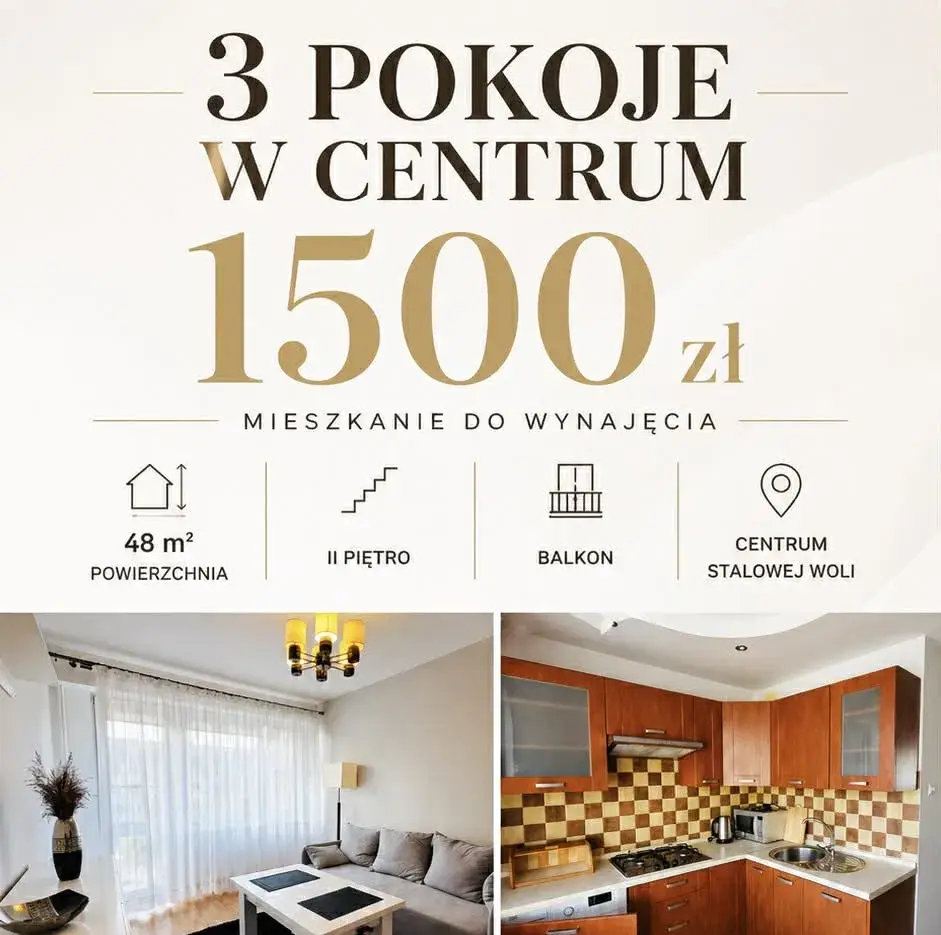 Mieszkanie 48m, 3 pokoje, II piętro. Czynsz 1500 zł - zdjęcie 2